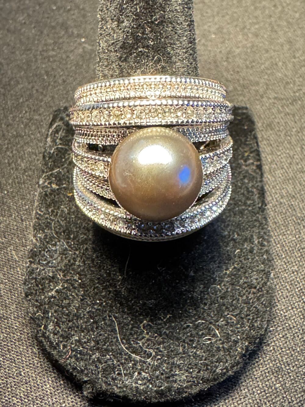 NVC Large Cocktail Ring Silver 12mm Faux Pearls 7 Bands of Rhinestones Size 6